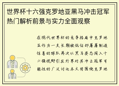 世界杯十六强克罗地亚黑马冲击冠军热门解析前景与实力全面观察